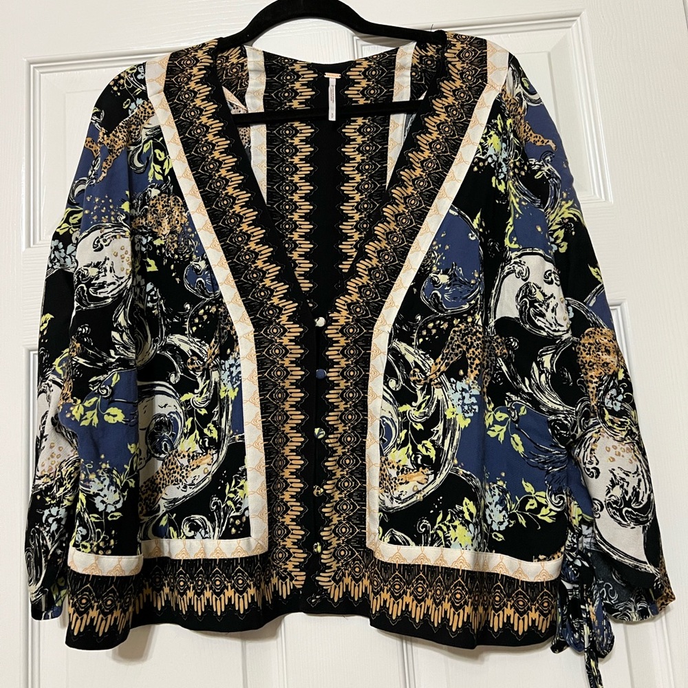 Free people black patterned blouse top jacket women’s size small 3/4 sleeves